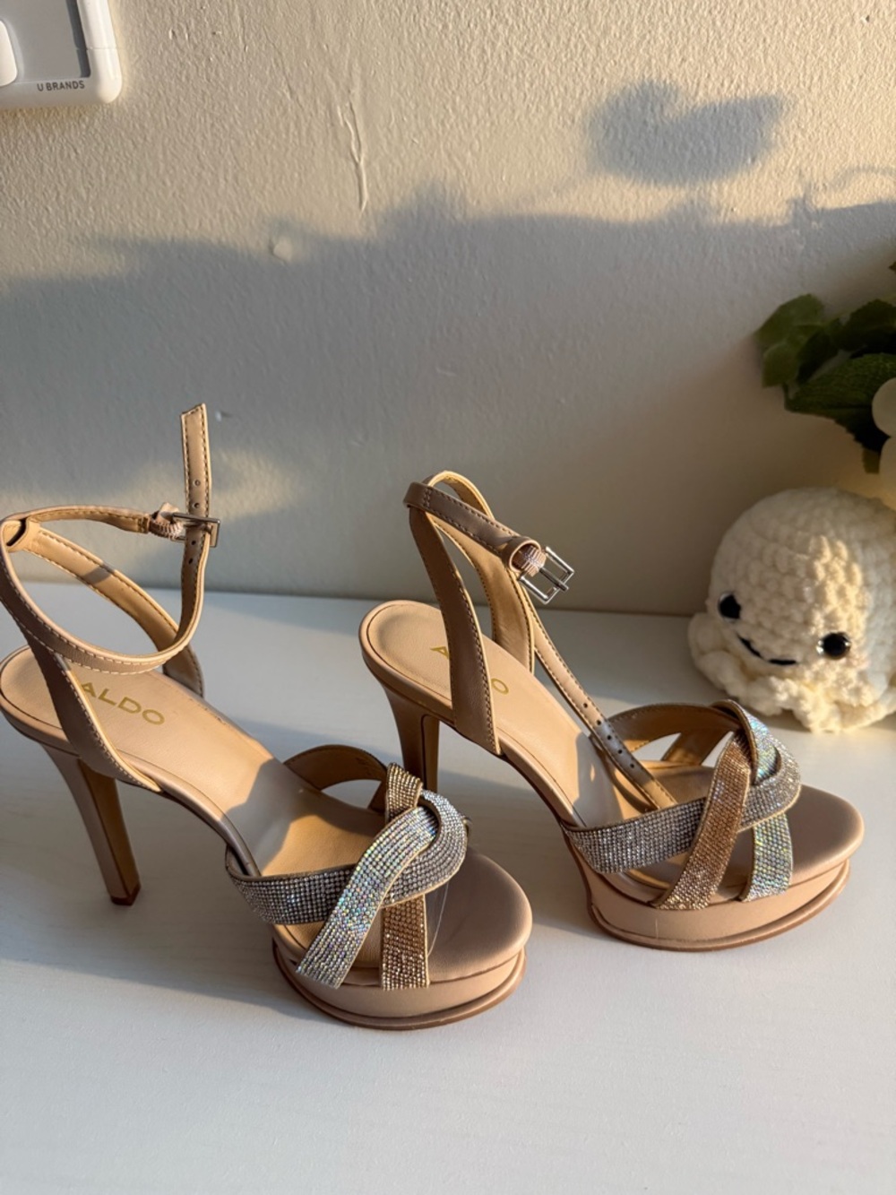 ALDO Women's Tan Rhinestone High Heels Size 6 1/2